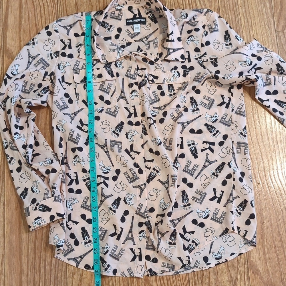 Karl Lagerfeld Paris Eiffel Tower Blouse Pink Button-down Roll-tab Sleeve Size L - Picture 3 of 6